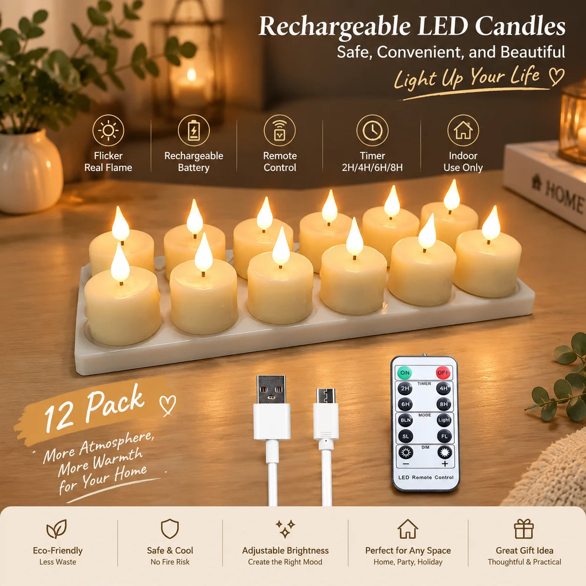 Bougies LED Rechargeables sans Flamme – Lot de 6 ou 12 avec Télécommande
